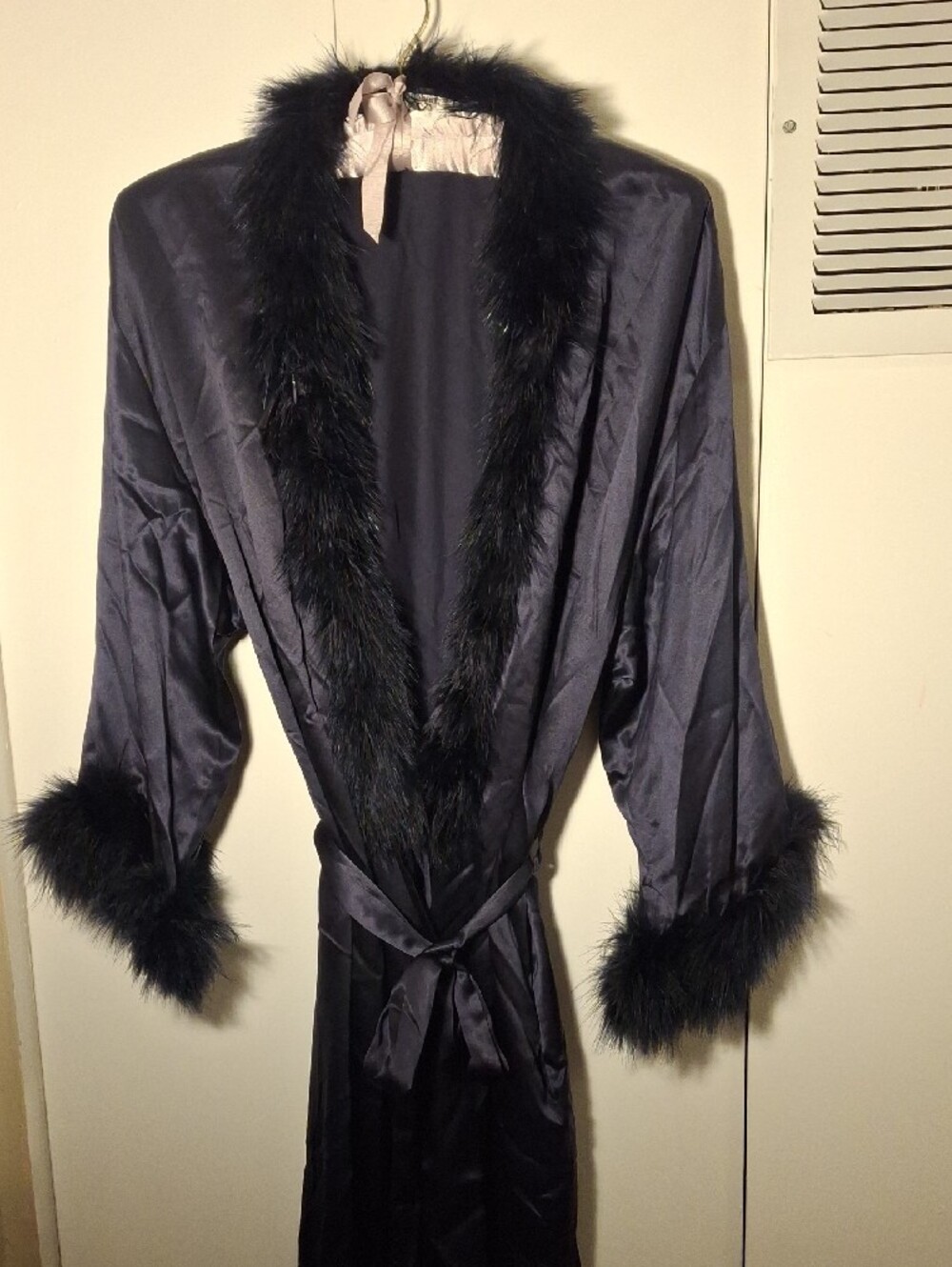 Valentino Navy Blue Silk Long Robe with Feather Trim
